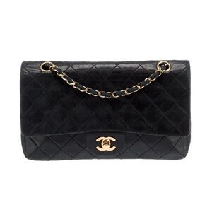 Chanel Classic Medium Double Flap Bag Black Lambskin Gold Hardware - Vintage 80s